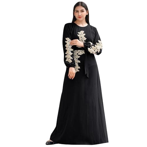 IBAKOM Floral Embroidery Abaya Dress for Women Islamic Clothing