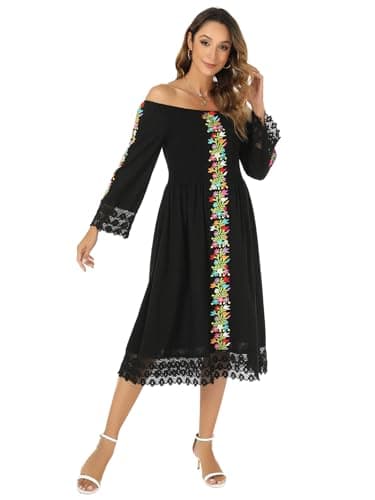 Vackutliv Mexican Embroidered Traditional Fiesta Dress Styles Long Sleeve Flower Patterns