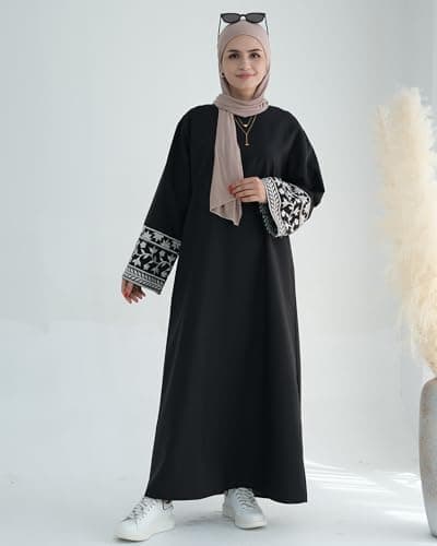 Zofocy Embroidered Long Sleeve Abaya Dress Zipper Maxi Robe for Women