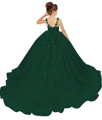 PSAISY Floral Applique Tulle Flower Girl Dress for Weddings & Birthday Parties