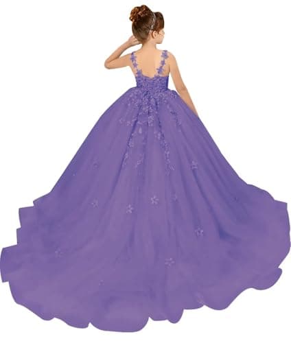 PSAISY Floral Applique Tulle Flower Girl Dress for Weddings & Birthday Parties