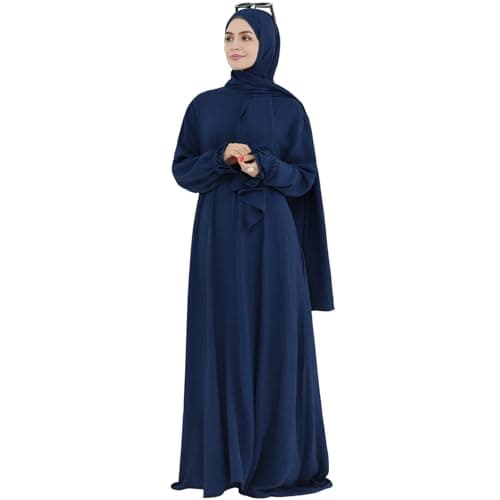 Women's Middle Eastern Arabian Robe Modest Dress with Lace Sleeve Hijab Scarf