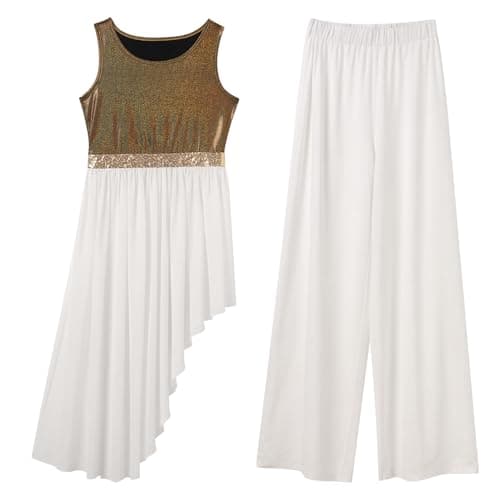 AFAVOM Women's Metallic Asymmetric Praise Dance Dress with Pants