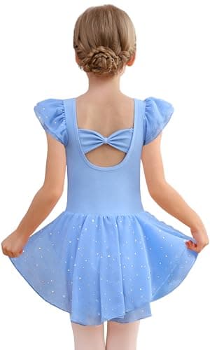 MdnMd Dance Ballet Leotard with Skirt for Toddler Girls Glitter Back Bow Ruffle Sleeve