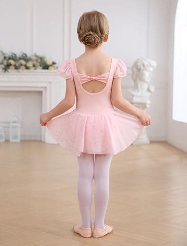 MdnMd Dance Ballet Leotard with Skirt for Toddler Girls Glitter Back Bow Ruffle Sleeve