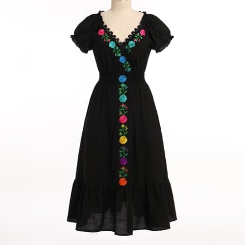 ODIZLI Women's Floral Embroidered Short Sleeve V-Neck Cinco De Mayo Fiesta Dress