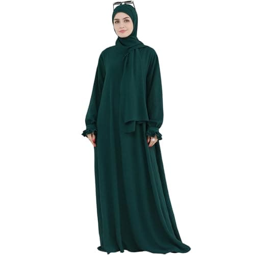 Women's Middle Eastern Arabian Robe Modest Dress with Lace Sleeve Hijab Scarf