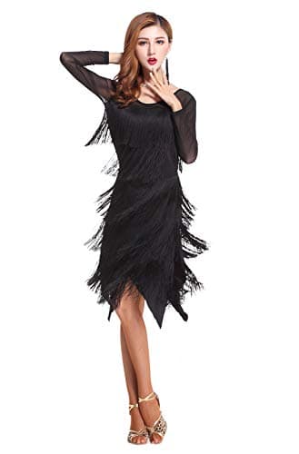 Z&X Women's Black Fringe Ballroom Dance Costume Tulle