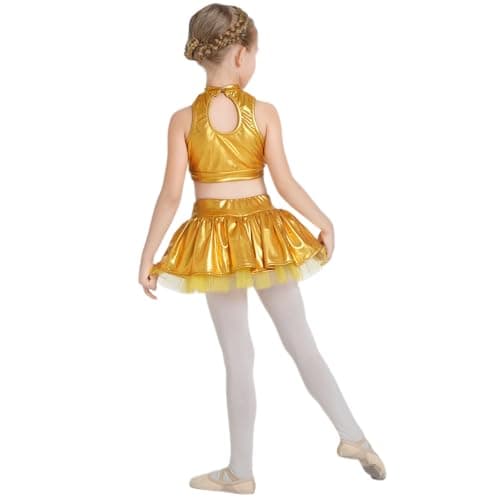 ODASDO Girls Shiny Metal Dance Costume with Sequin Tank Crop Top Ruffle Skirt