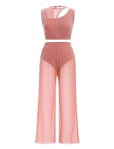 ODASDO Women's Lyrical Dance Two-Piece Costume Tank Tops & Mesh Pants Set