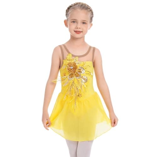 ODASDO Girl Ice Skating Dress Sequin Flower Chiffon Skirt for Competition