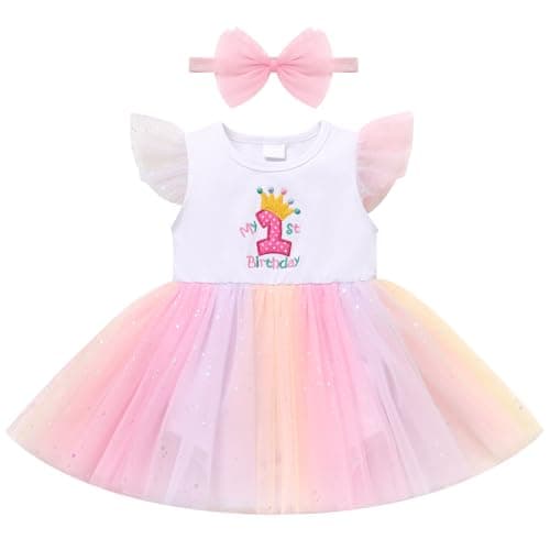 ODASDO Baby Girl First Birthday Cake Smash Tutu Dress with Bowknot Headband