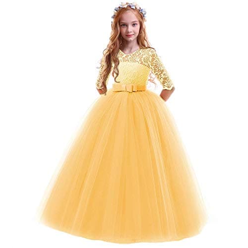 IBTOM CASTLE Girls' Flower Floral Lace 3/4 Sleeve Floor-Length Wedding Party Dress