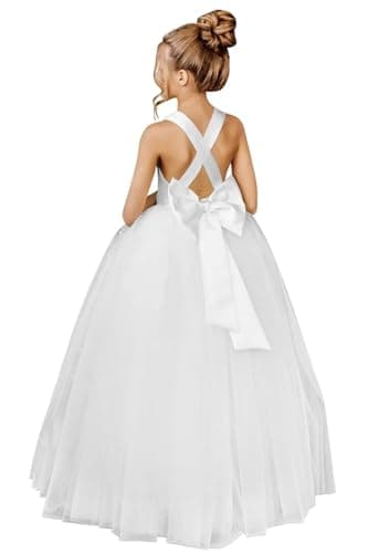 JISISANG Crossed Straps Satin Prom Dress with Bow Tulle for Flower Girls