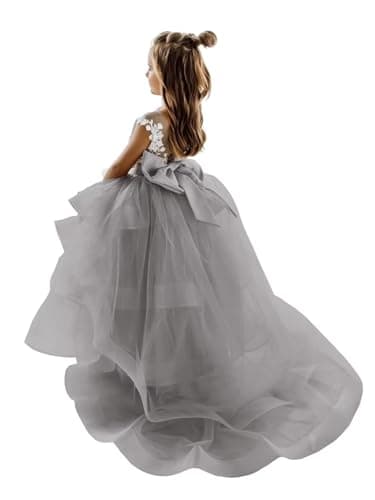 Zikusel Lace Applique Flower Girl Tiered Tulle Wedding Dress