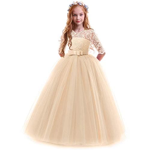 IBTOM CASTLE Girls' Flower Floral Lace 3/4 Sleeve Floor-Length Wedding Party Dress