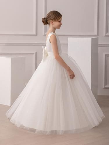 KAQININI Kids' Satin Tulle Maxi Wedding Dress for Flower Girls & Bridesmaids