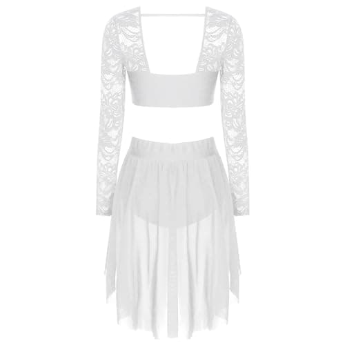 CochOn Women 2 Pcs Lyrical Dance Costume Floral Lace Crop Top & Skirt
