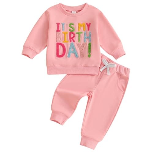 SAYOO Baby Birthday Girl Sweatshirt & Pants Embroidery Print Fall Outfit