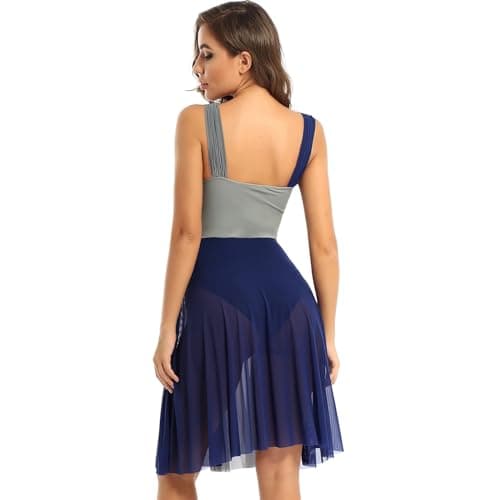 CochOn Navy Blue Modern Lyrical Dance Dress Maxi Sheer Mesh Overlay