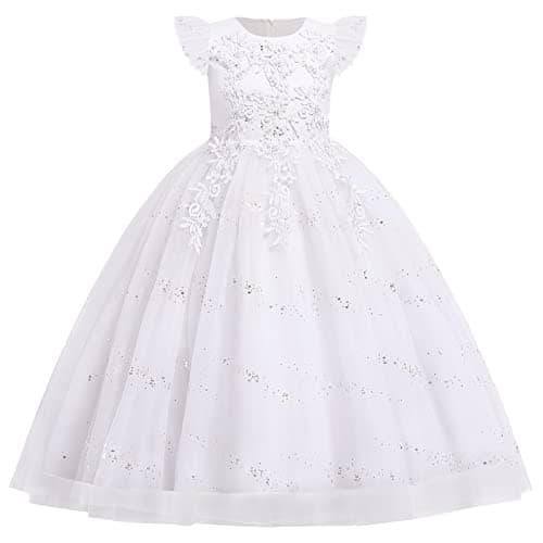 IDOPIP Kids' Flower Girl Lace Formal Long Tulle Dress for Weddings Bridesmaids