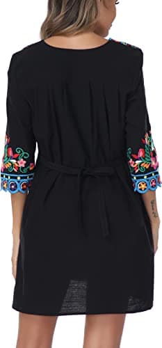 YZXDORWJ Women's Embroidered Mexican V-Neck Floral Long Sleeve Dress