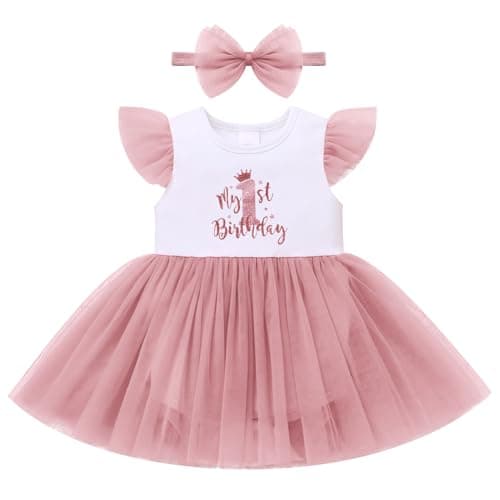 ODASDO Baby Girl First Birthday Cake Smash Tutu Dress with Bowknot Headband