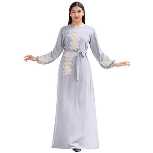IBAKOM Floral Embroidery Abaya Dress for Women Islamic Clothing