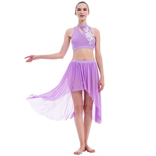 Adult Women 2 Piece Lyrical Dance Costume with Sequin Crop Top