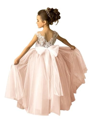 Zikusel Lace Applique Tulle Flower Girl Wedding Dress V-Back Satin Bow Knot