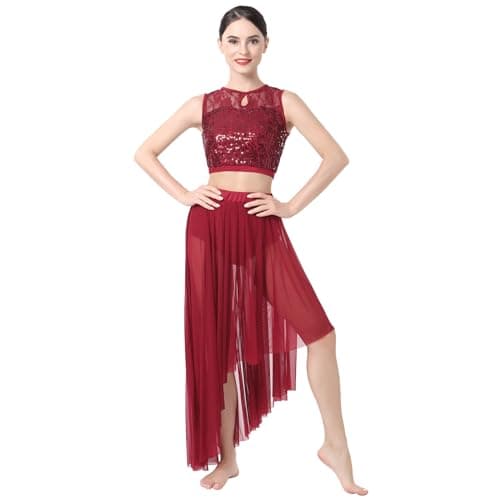 ODASDO Lyrical Dance Costume Sequin Floral Crop Top & Flowy Skirt 2pcs Outfit