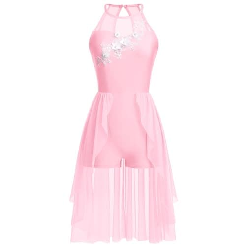 ODASDO Women's Flowy Mesh Tulle Lyrical Dance Leotard with Flower Applique