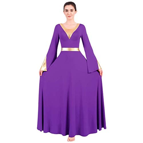 OwlFay Women's Metallic Color Block Liturgical Dance Dress with Bell Sleeve