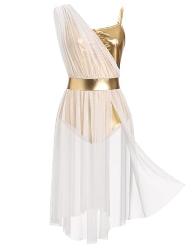 ODASDO Women's Lyrical Dance Leotard Dress with Cami Straps & Metallic Mesh Tulle