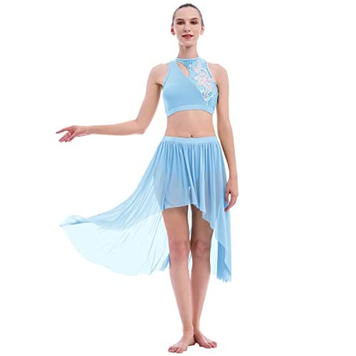 ODASDO Women's Modern Contemporary Dance Costume Sequin Crop Top Tulle Skirt