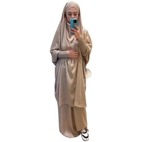 Zofocy Two-Piece Abaya Set for Muslim Women Elastic Sleeves Modest Prayer Dress