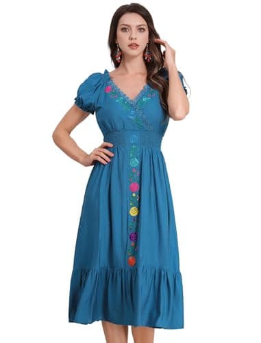 ODIZLI Women's Floral Embroidered Short Sleeve V-Neck Cinco De Mayo Fiesta Dress