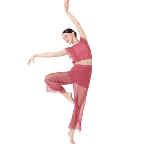 IBAKOM Women's Lyrical Dance Outfits 2PCS Chiffon Crop Top Shorts
