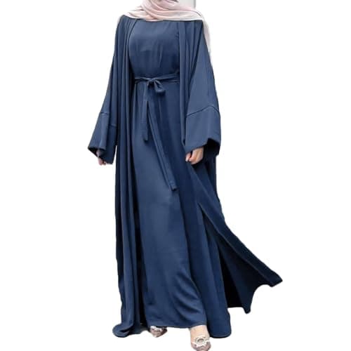 YNeedM Women's Solid Color Sleeveless Abaya Cardigan Dress with Belt Set