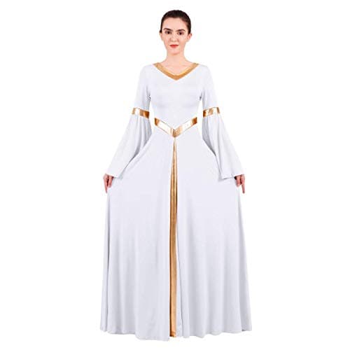IBAKOM Women's Loose Fit Full Length Metallic Gold V-Neck Worship Dance Costume
