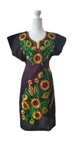 Puerta21 Authentic Mexican Embroidered Long Sleeve Dress (M, Black and Colors)