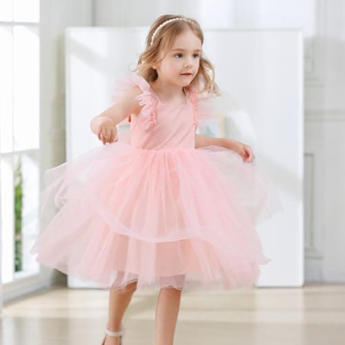 Tutu.kk Vintage Ruffled Sleeve A-Line Tulle Dress for Girl's Weddings & Birthdays