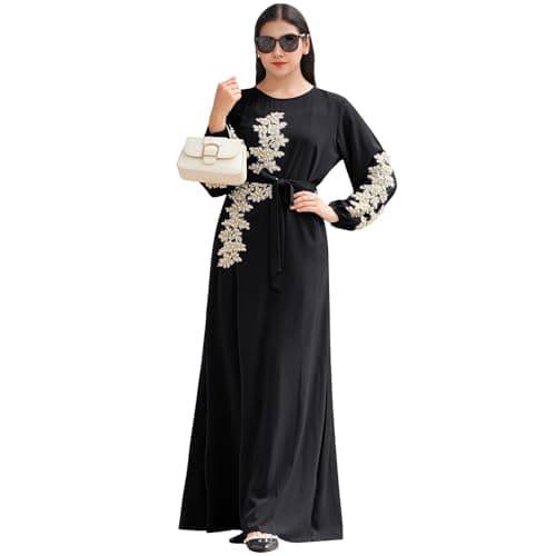 IBAKOM Floral Embroidery Abaya Dress for Women Islamic Clothing
