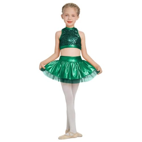 ODASDO Girls Shiny Metal Dance Costume with Sequin Tank Crop Top Ruffle Skirt