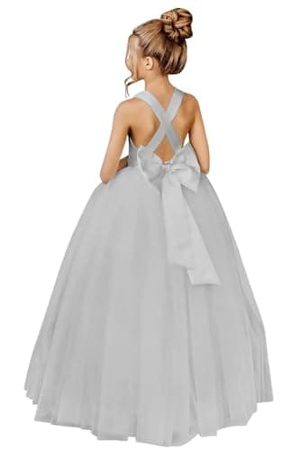 JISISANG Crossed Straps Satin Prom Dress with Bow Tulle for Flower Girls