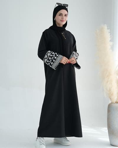 Zofocy Embroidered Long Sleeve Abaya Dress Zipper Maxi Robe for Women