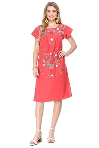 Unik Women's Embroidered Mexican Bohemian Long Casual Dress