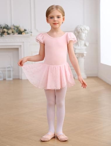 MdnMd Dance Ballet Leotard with Skirt for Toddler Girls Glitter Back Bow Ruffle Sleeve