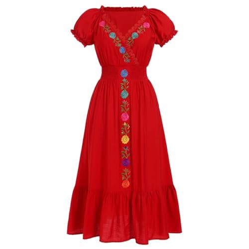 ABE-HIK Women's Floral Embroidered Mexican Fiesta Dress for Cinco de Mayo