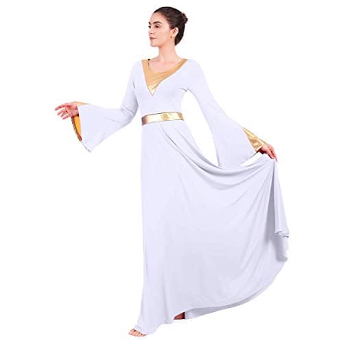 OwlFay Women's Metallic Color Block Liturgical Dance Dress with Bell Sleeve